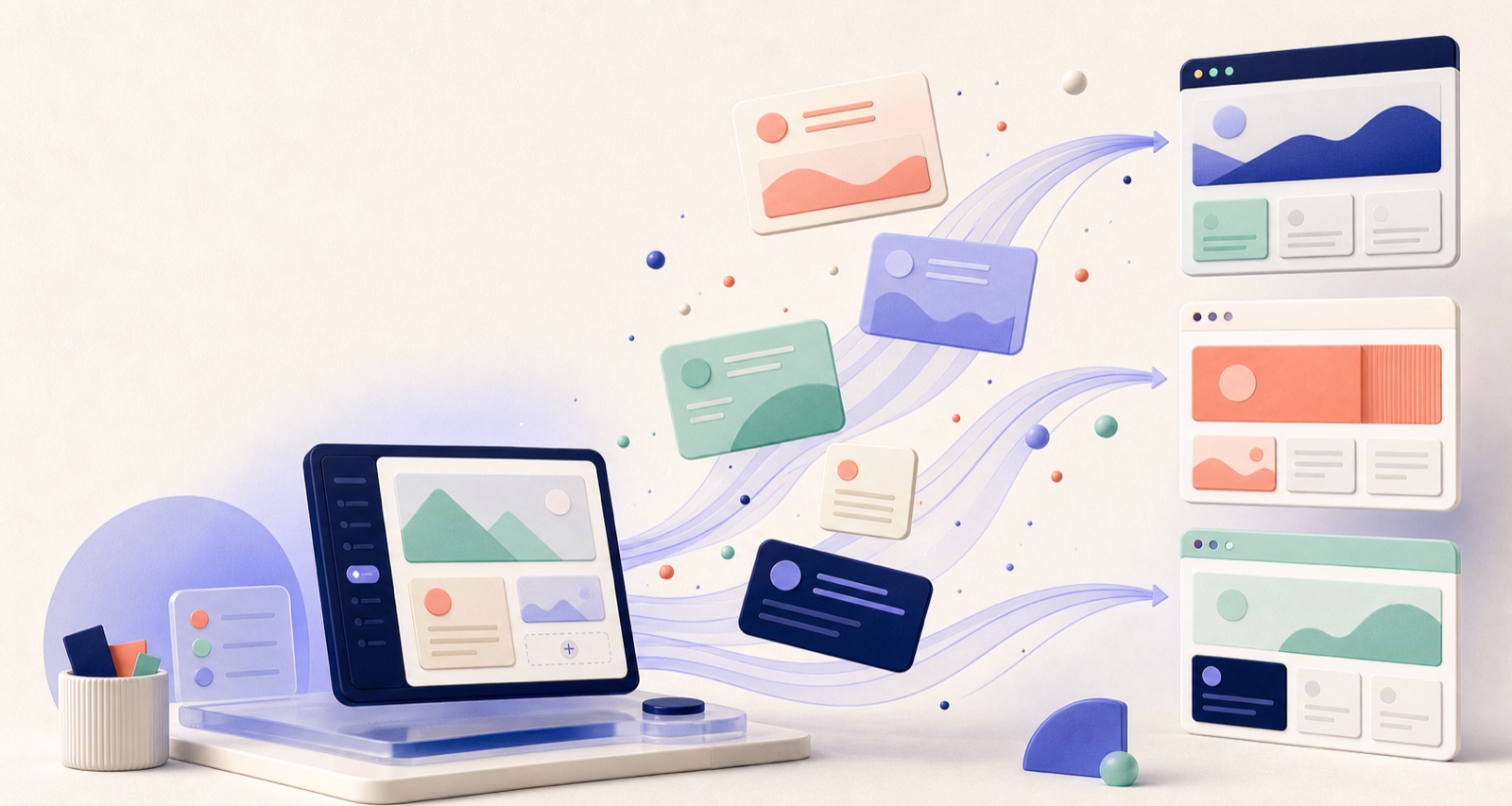 A content balloon concept board with notes and a bold red mark